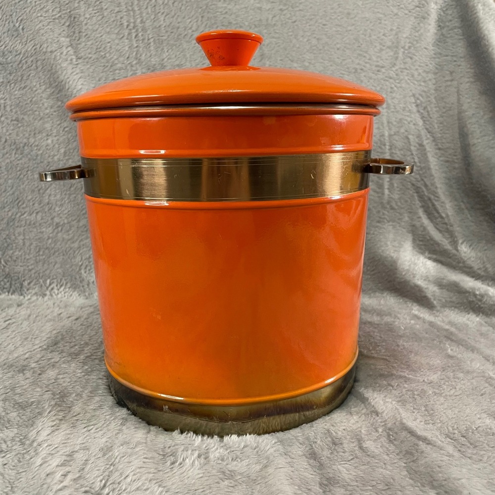 Fiesta Orange Enamel Metal Ice Bucket with Lid and Brass Accents Vintage Retro
